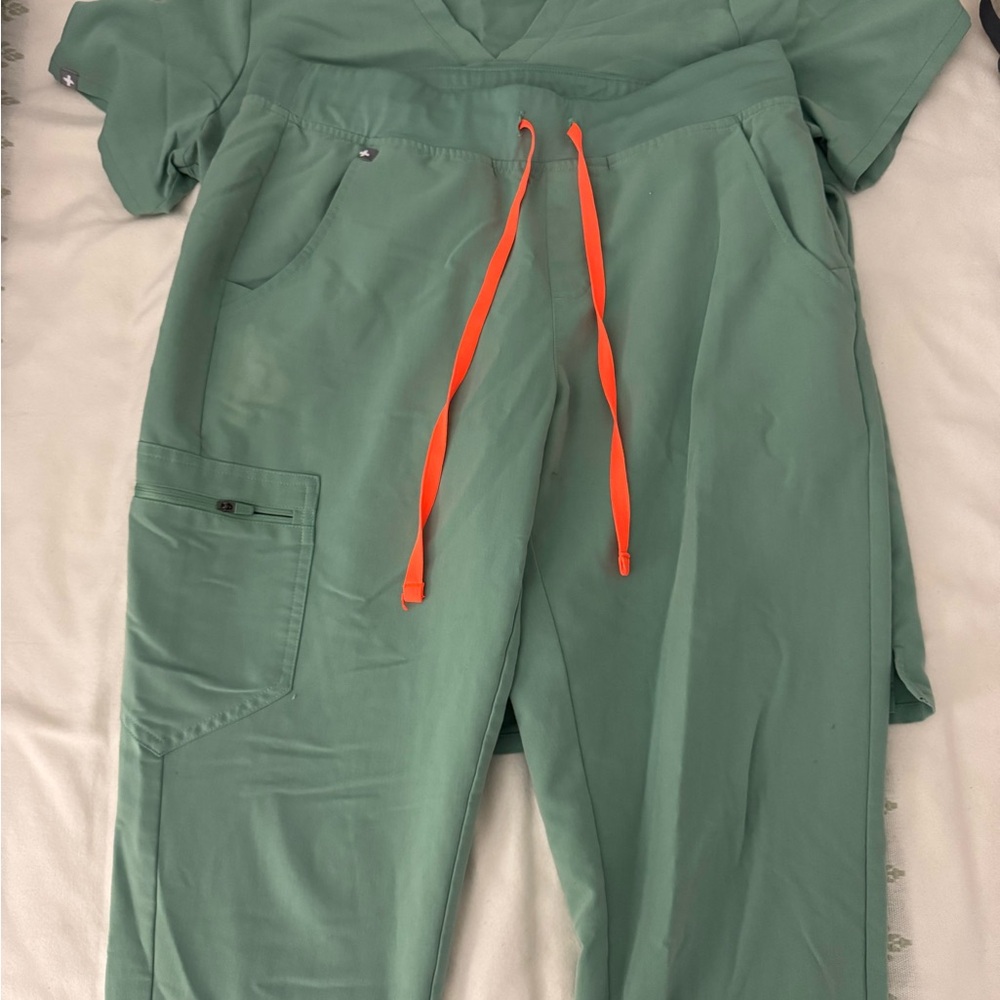 Figs Sage Green Scrub Set with Bright Orange Accents